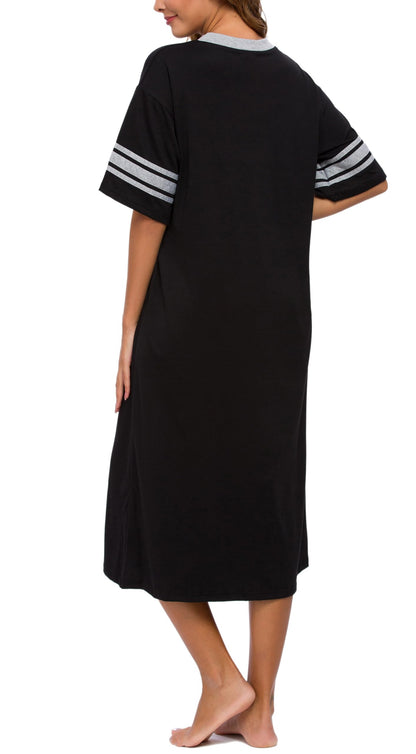 Vslarh Women's Nightgown Long Loungewear Short Sleeve Sleepshirt V Neck Pajama Dress with Pockets S-3XL Black