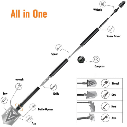 Sahara Sailor Survival Axe, Camping Folding Shovel with Hatchet with Large Shovel Head and 1.6-3.1 Ft Extented Handles, High Carbon Steel Survival Gear Equipment, Storage Bag Included