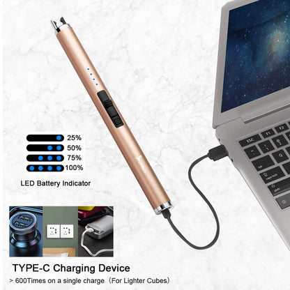 SUPRUS Electric Lighter Candle Type C Rechargeable Lighter with Upgraded LED Battery Display Safety Switch Flameless Plasma Windproof for Candle Cooking BBQs Fireworks (Champagne Gold)