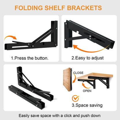 Storystore Folding Shelf Brackets - 10 Inch Heavy Duty Metal Collapsible Shelf Bracket for Bench Table, Shelf Hinge Wall Mounted Space Saving DIY Bracket, Max Load: 150 lb (2 PCS, Black)