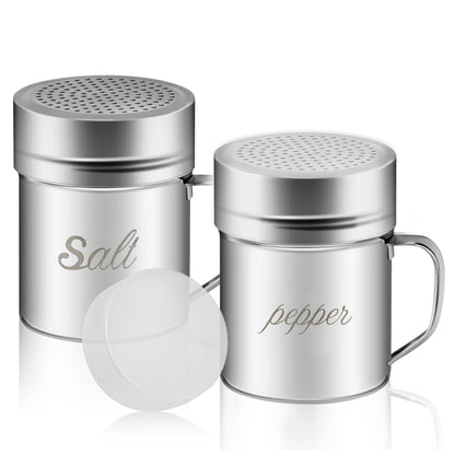 ZERUIDM Stainless Steel Salt and Pepper Shakers Set, 10 OZ Seasoning Spice Shaker with Lid and Handle 127 Holes, Metal Dredge Shaker for Powder Sugar Cooking Kitchen Baking (2 Pieces)
