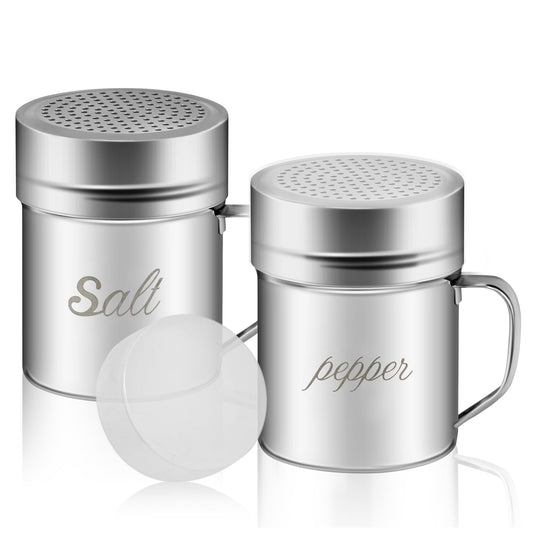 ZERUIDM Stainless Steel Salt and Pepper Shakers Set, 10 OZ Seasoning Spice Shaker with Lid and Handle 127 Holes, Metal Dredge Shaker for Powder Sugar Cooking Kitchen Baking (2 Pieces)