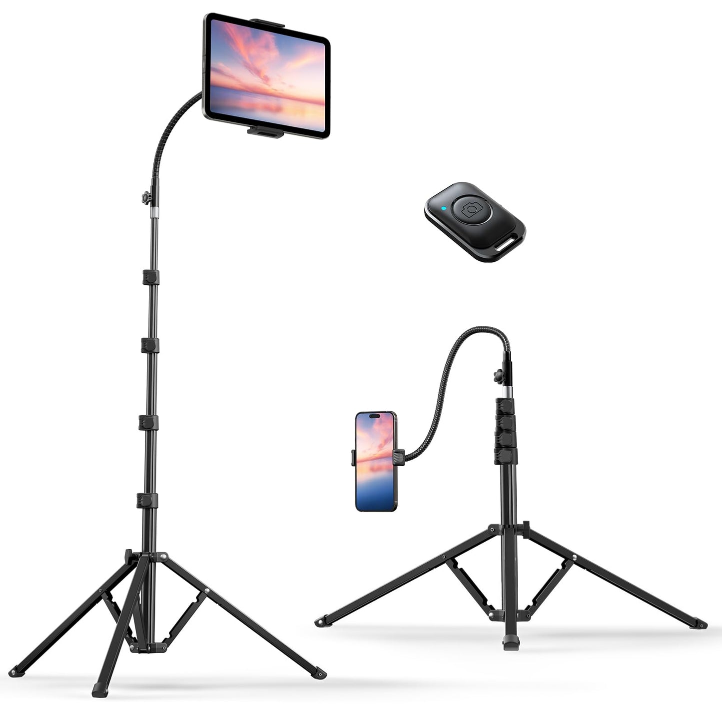 Weilisi Heavy Duty Tablet Tripod Stand 82” Tall, Floor Stand with Remote and Adjustable Gooseneck for Watching/Stream/Recording, Tripod for iPad Pro 12.9”/Kindle/iPhone, and All 4.5-13” Tablet/Phone