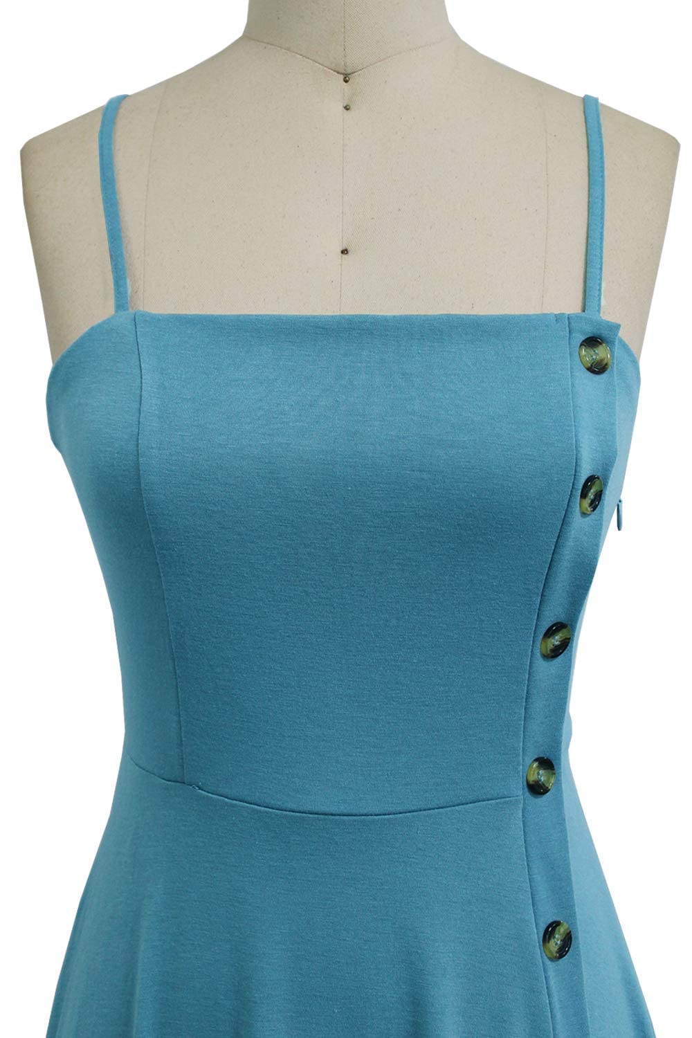 Sexy Sleeveless Knee Length Solid Cotton Fit and Flare Summer Wedding Party Button Down Light Blue Sundress