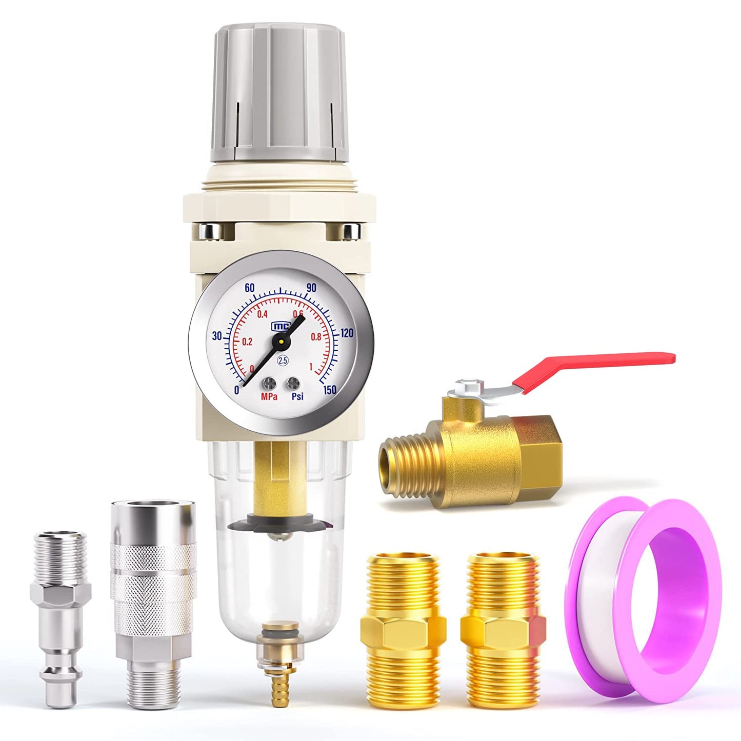 TAILONZ PNEUMATIC 1/4 Inch NPT Air Filter Pressure Regulator Combo Piggyback, 5 Micron Brass Element Air Tool Compressor Filter with Gauge AW2000-02,with Red Handle Ball Valve