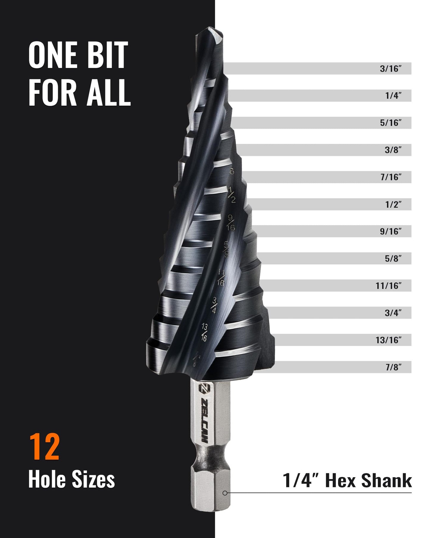 ZELCAN 12 Sizes M35 Cobalt Step Drill Bit, 3/16" to 7/8" Four Spiral Flute Step Drill Bit for Metal, Titanium-Coated HSS Step Bit with 1/4" Hex Shank for Stainless Steel Aluminum Copper Wood Plastic
