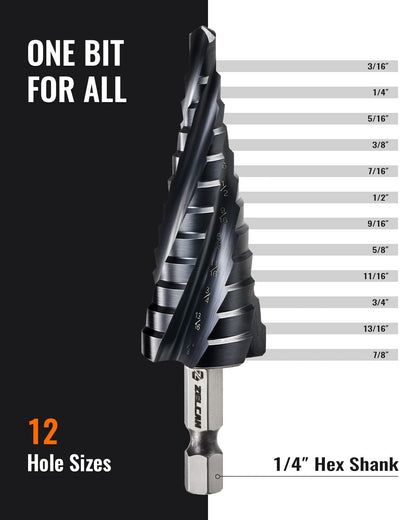 ZELCAN 12 Sizes M35 Cobalt Step Drill Bit, 3/16" to 7/8" Four Spiral Flute Step Drill Bit for Metal, Titanium-Coated HSS Step Bit with 1/4" Hex Shank for Stainless Steel Aluminum Copper Wood Plastic