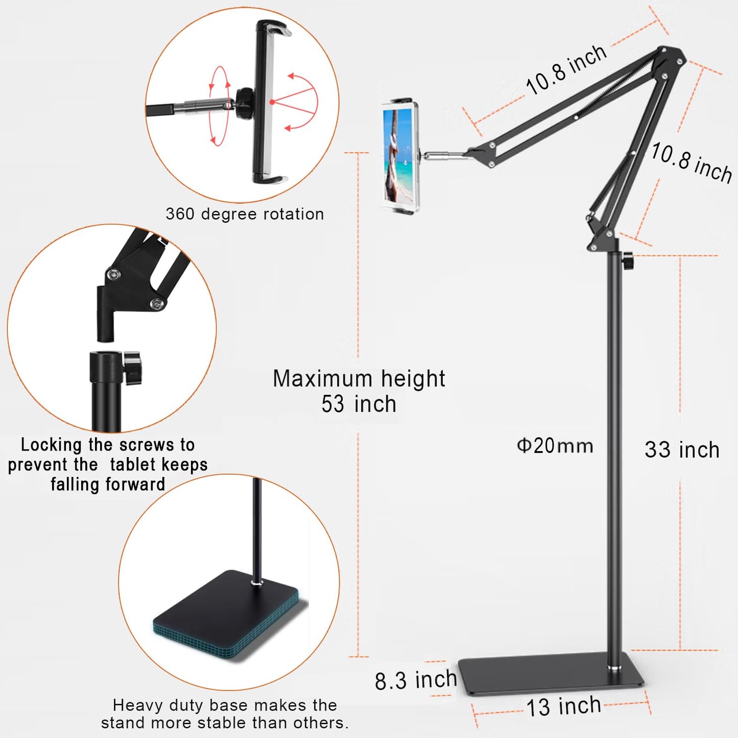 Tablet Floor Stand with Heavy Duty Base, Overhead Bed phone Stand Angle Height Adjustable Arm Stretchable Stand Holder, Compatible with iPad Mini Air Pro, Galaxy Tab, Kindle, E-Readers,Cell Phones