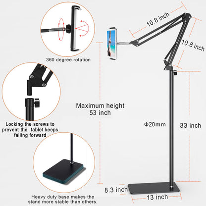 Tablet Floor Stand with Heavy Duty Base, Overhead Bed phone Stand Angle Height Adjustable Arm Stretchable Stand Holder, Compatible with iPad Mini Air Pro, Galaxy Tab, Kindle, E-Readers,Cell Phones
