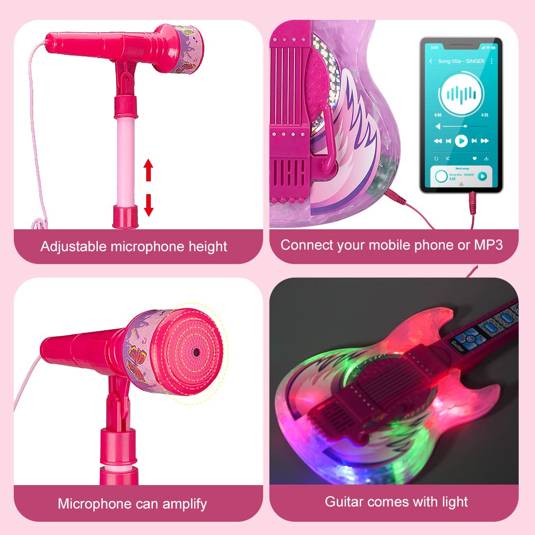 TAKIHON Guitar and Microphone Set for Kids,Guitar Toys with Music&Colorful Light,Adjustable Height Microphone with Stand,Karaoke Toys Gift for Boy,Girls,Toddlers(Red)-Upgraded