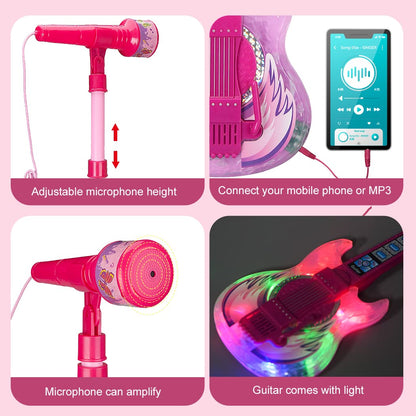 TAKIHON Guitar and Microphone Set for Kids,Guitar Toys with Music&Colorful Light,Adjustable Height Microphone with Stand,Karaoke Toys Gift for Boy,Girls,Toddlers(Red)-Upgraded