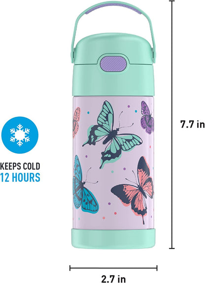THERMOS FUNTAINER Water Bottle with Straw - 12 Ounce - Kids Stainless Steel Vacuum Insulated Water Bottle with Lid, Butterfly Frenzy