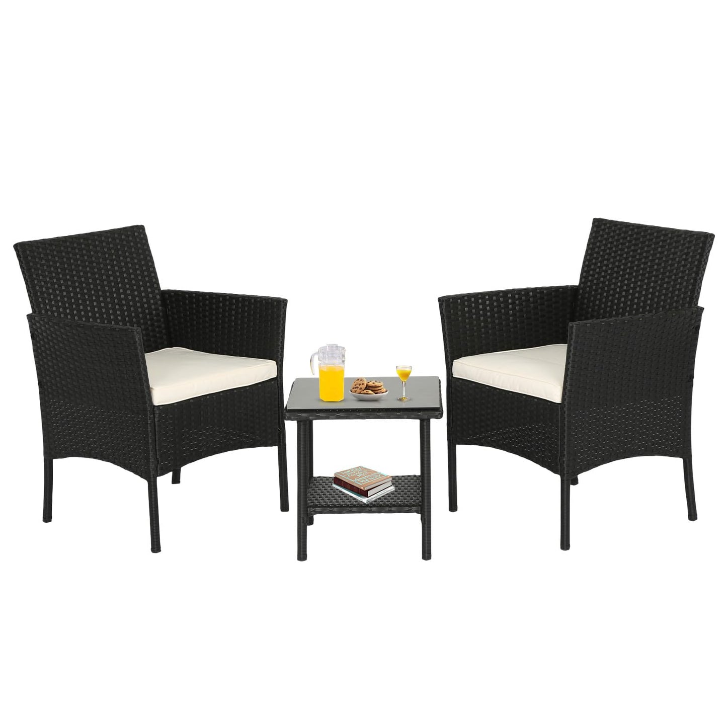 FDW Wicker Outdoor Furniture Patio Furniture Set of 3 Rattan Patio Chairs Outdoor Chairs Patio Conversation Set with Coffee Table for Yard Backyard Lawn Porch Poolside Balcony,Black