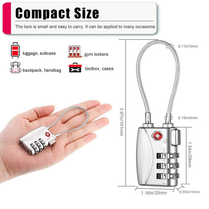 ZHEGE TSA Lock for Luggage 3 Digit Combination Cable Lock with Alloy Body for Suitcase, Baggage, Backpack, Pistol Case (Silver)