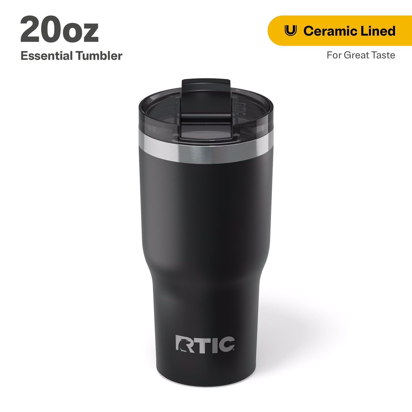RTIC 20oz Essential Tumbler with Lid, Insulated, Stainless Steel, Metal, Double Wall Vacuum-Insulation, Ceramic Lined, Travel Cup for Iced Coffee, Tea, Hot and Cold Drink, Black