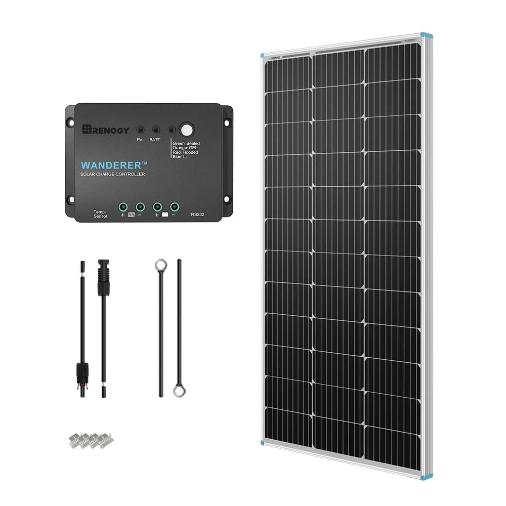Renogy 100W 12V Solar Panel Starter Kit, 100 Watt Monocrystalline Solar Panel, 30A LCD PWM Charger Controller, Adaptor Kit, Tray Cables, Z Brackets for RV, Camper, and Other Off Grid Applications