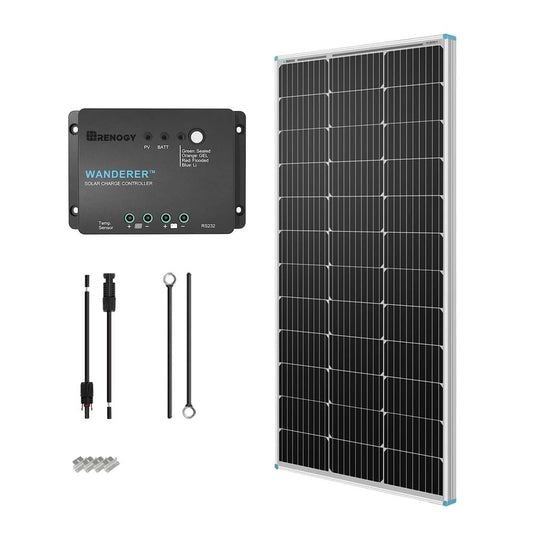Renogy 100W 12V Solar Panel Starter Kit, 100 Watt Monocrystalline Solar Panel, 30A LCD PWM Charger Controller, Adaptor Kit, Tray Cables, Z Brackets for RV, Camper, and Other Off Grid Applications