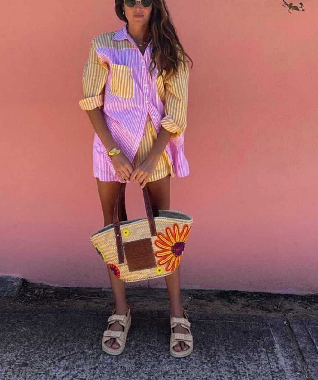 SAFRISIOR Women’s 2 Piece Casual Tracksuit Outfit Sets Stripe Long Sleeve Shirt And Loose High Waisted Mini Shorts Set