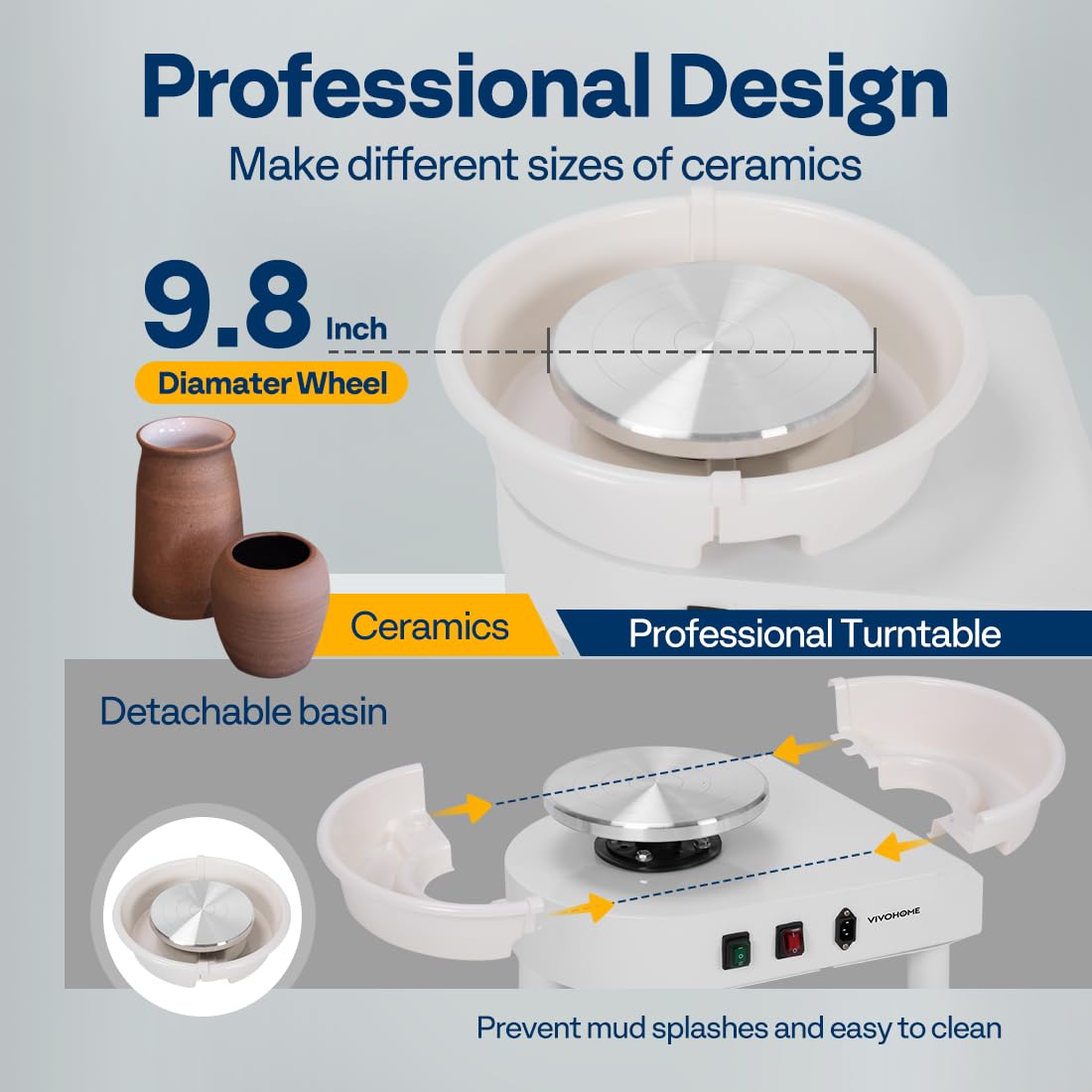 VIVOHOME 25CM Pottery Wheel Forming Machine 350W Electric DIY Clay Tool with Foot Pedal and Detachable Basin for Ceramic Work Art Craft White