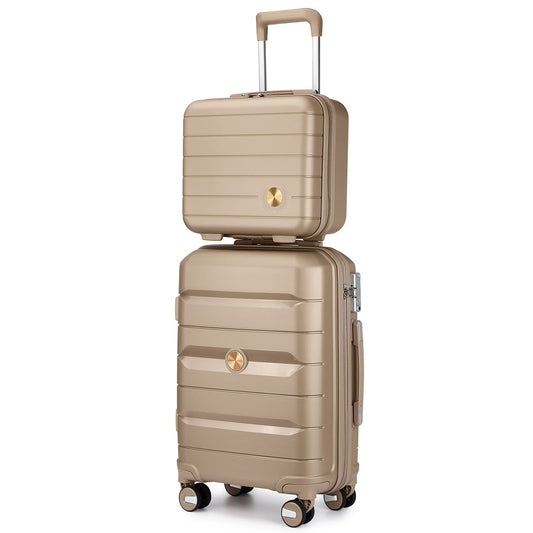 Somago 20" Carry On Luggage and 14" Mini Cosmetic Cases Travel Set Spinner Lightweight Polypropylene Suitcase with TSA Lock YKK Zipper Hardside Luggage Sets 2 Piece (Noble Golden, 2-Piece Set (14/20))