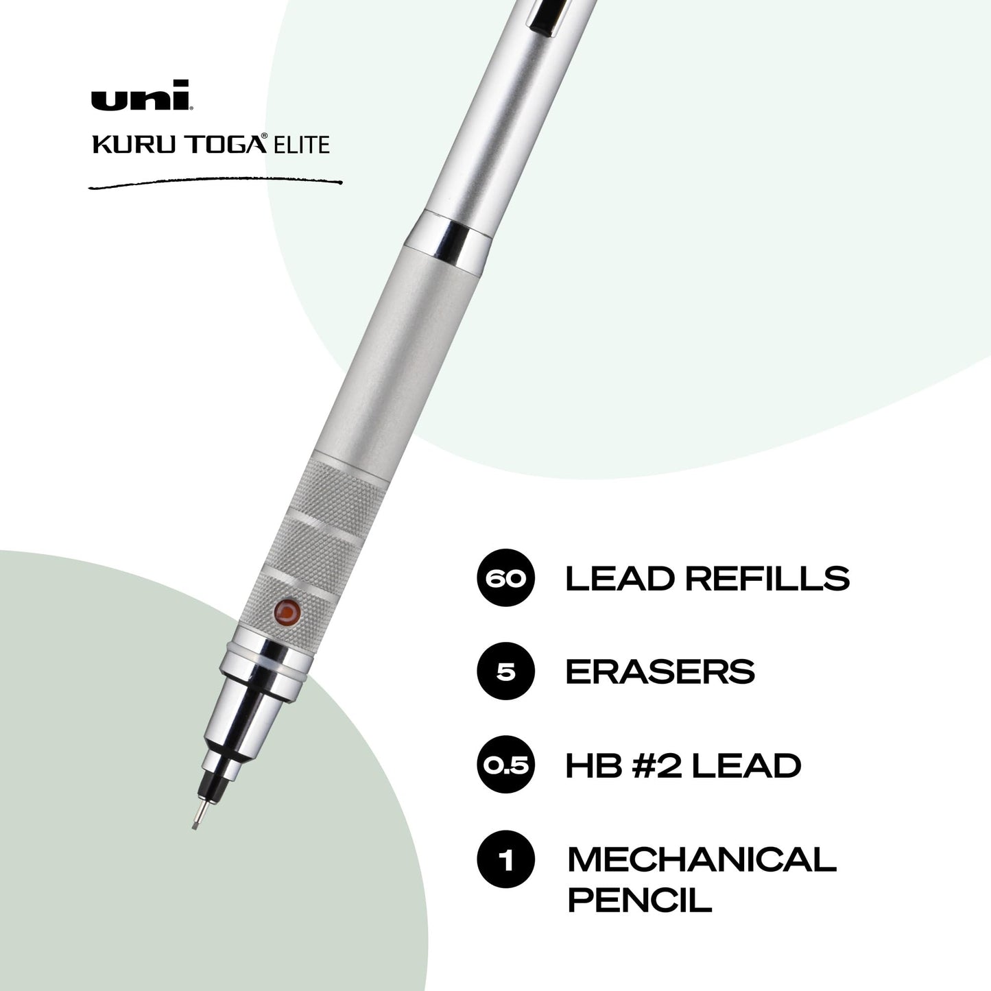 Uniball Kuru Toga Elite Mechanical Pencil Starter Kit with Silver Barrel and 0.5mm Tip; 60 Lead Refills; and 5 Pencil Eraser Refills; HB #2; Office Supplies; School Supplies; Drafting