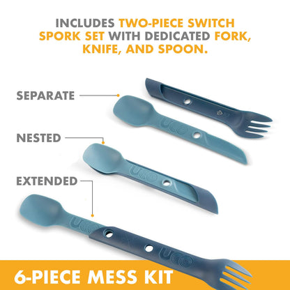 UCO 6-Piece Camping, Backpacking, Outdoor Kitchen Gear Mess Kit with Bowl, Plate, Camp Cup, and Switch Spork Utensil Set