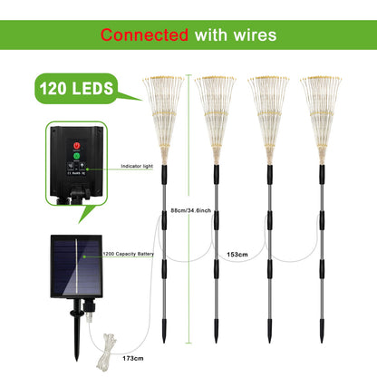 Solar Outdoor Warm White Garden Lights, 4 Pack Firework With 120 LED Starburst String 8 Modes Fairy With Remote, for Wedding Christmas, Lawn Backyard Party Patio Decoration