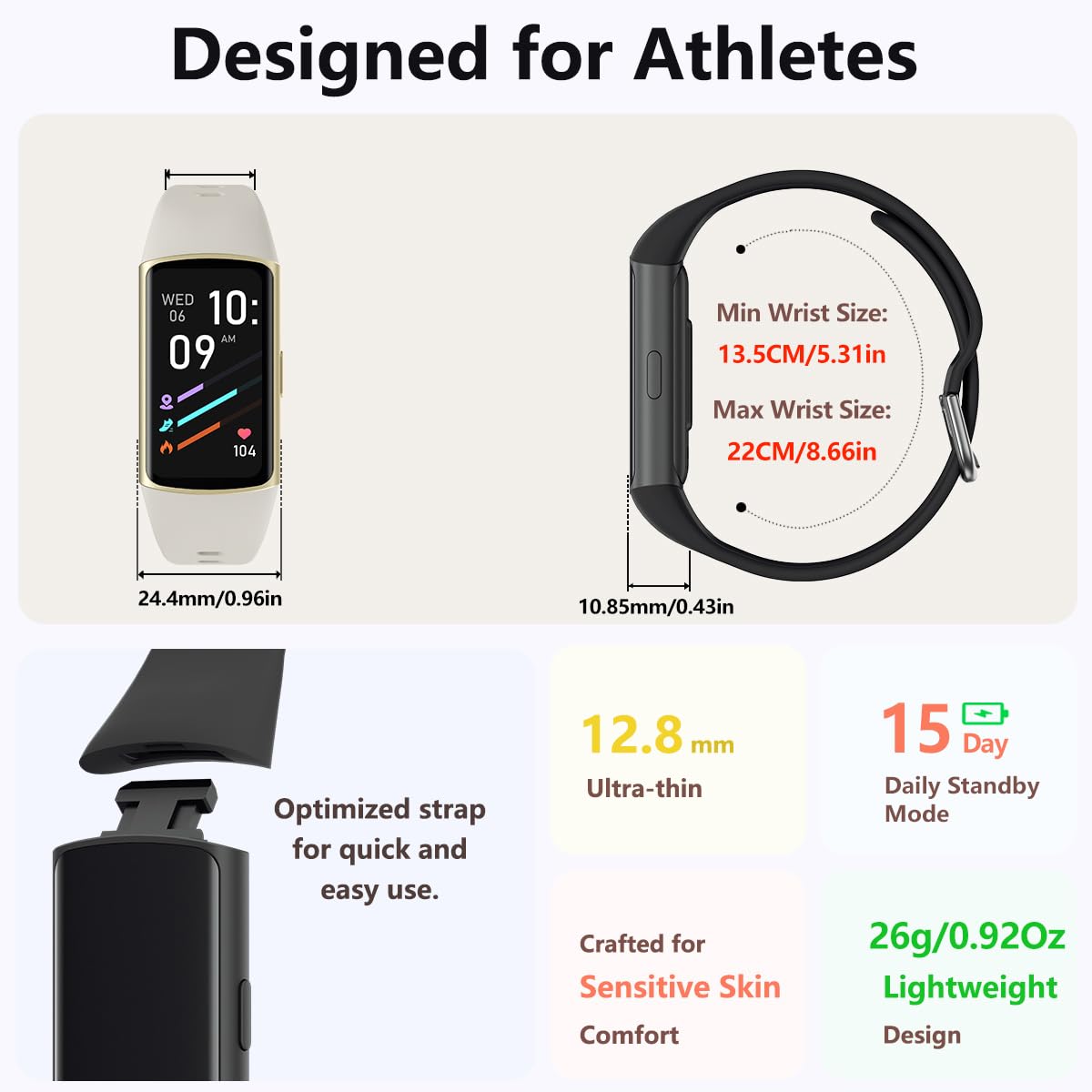 FITVII FINO 2 Slim Fitness Tracker, Smart Watch with Blood Oxygen, Sleep Monitor, 24/7 Heart Rate & Blood Pressure, IP68 Waterproof Health Activity Trackers with Calories Step Counter for Women Men