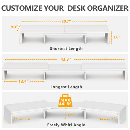 TAVR Furniture Dual Monitor Stand Riser, Computer Monitor Stands for 2 Monitors, Extra Long Multifunctional Desktop Organizer Riser for Computer, Laptop, PC, Printer, TV, Max 43.3" Length, White