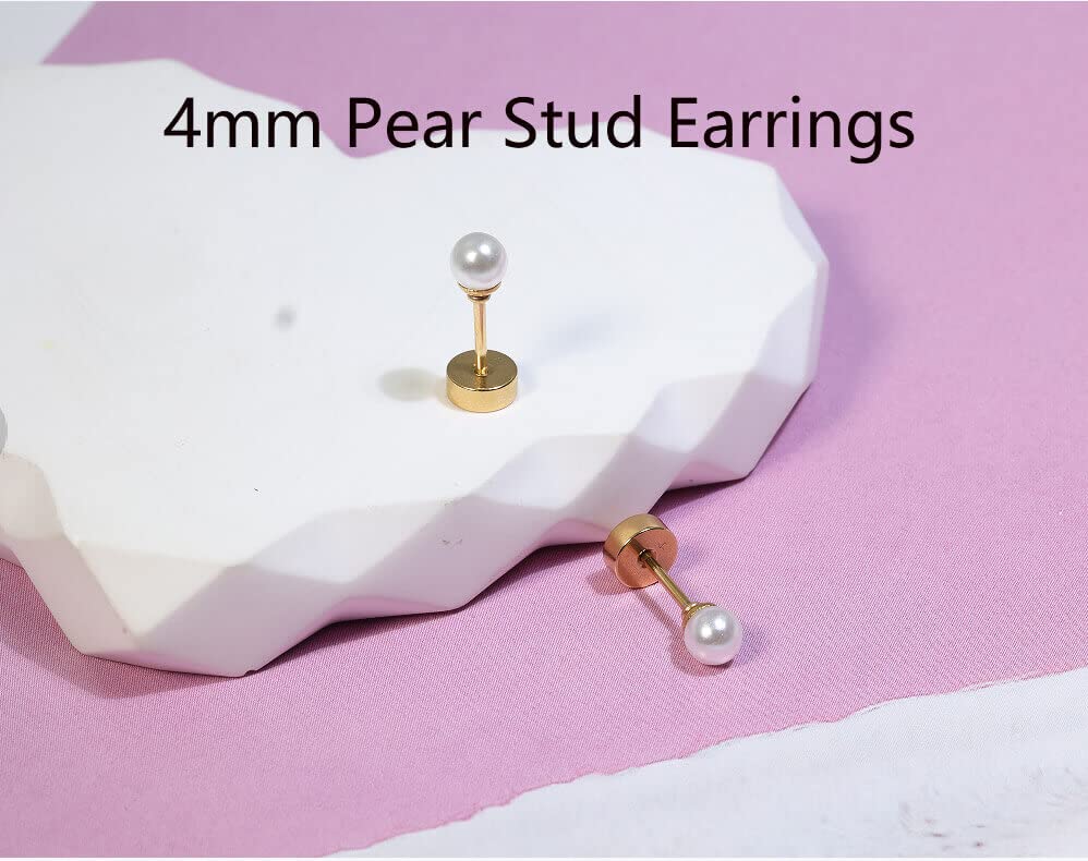 Tiny Pearl Screw Back Stud Earrings for Women,Safety Flatback Pearl Cartilage Helix Earrings 316L Surgical Stainess Steel Jewelry Gift For Toddlers Hypoallergenic(4mm Pearl, Gold)