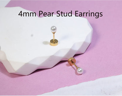 Tiny Pearl Screw Back Stud Earrings for Women,Safety Flatback Pearl Cartilage Helix Earrings 316L Surgical Stainess Steel Jewelry Gift For Toddlers Hypoallergenic(4mm Pearl, Gold)