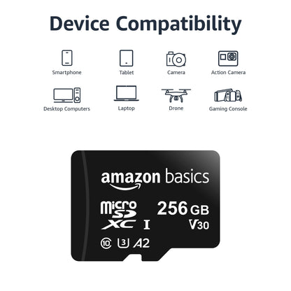 Amazon Basics Micro SDXC Memory Card with Full Size Adapter, A2, U3, Read Speed up to 100 MB/s, 256 GB, Black
