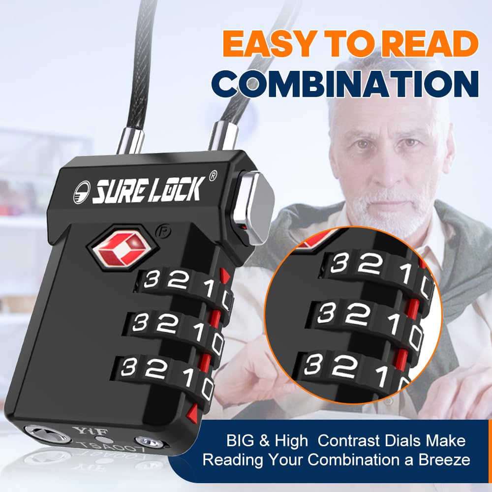 SURE LOCK TSA Approved 3-Digit Combination Luggage Locks – Open Alert Indicator, Re-settable Code with Zinc Alloy Body, Easy-Read Dials for Suitcase, Backpack, Gym Locker & Toolbox(Extra Long Cable)