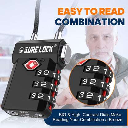SURE LOCK TSA Approved 3-Digit Combination Luggage Locks – Open Alert Indicator, Re-settable Code with Zinc Alloy Body, Easy-Read Dials for Suitcase, Backpack, Gym Locker & Toolbox(Extra Long Cable)