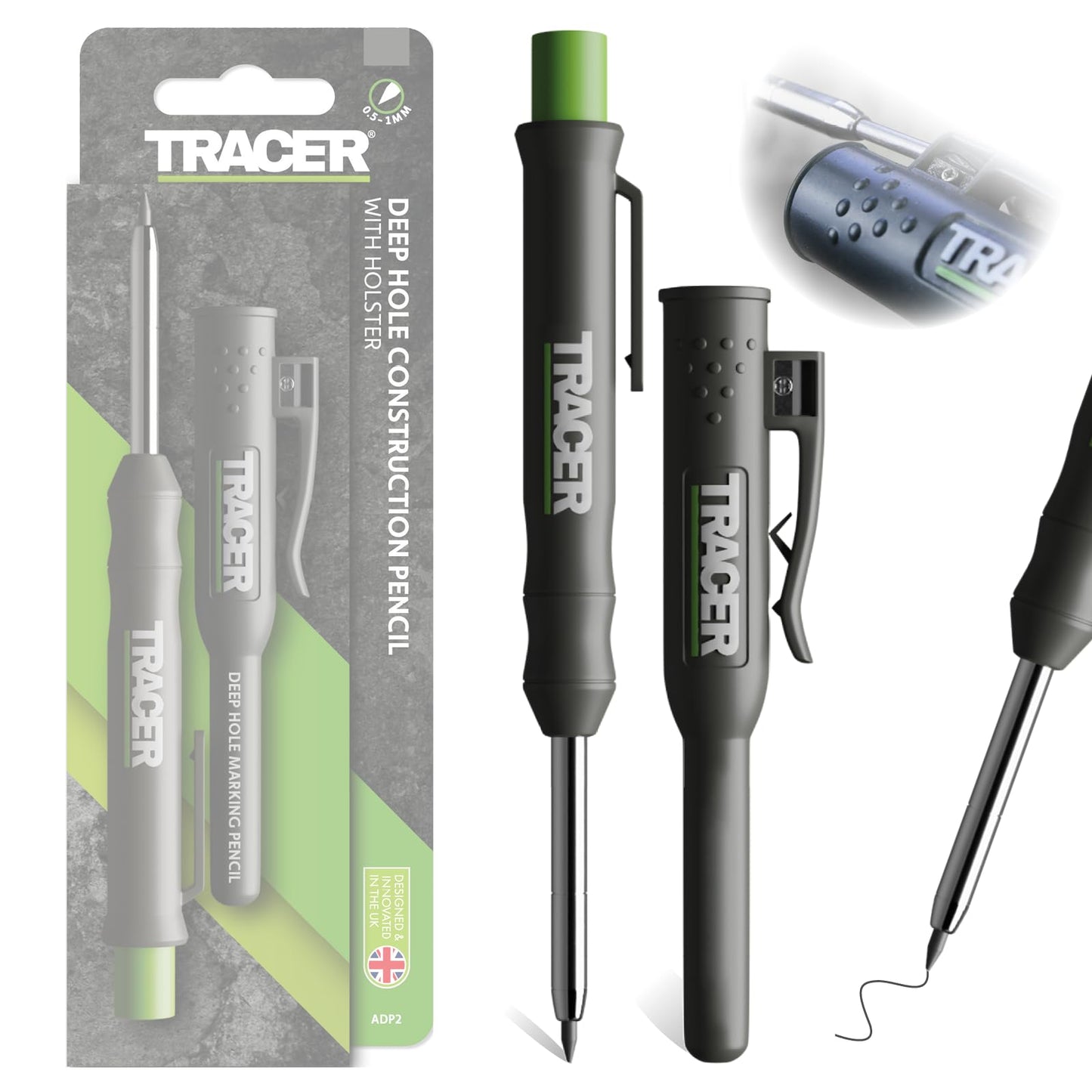 Tracer Deep Hole Construction Pencil Site Holster. Extendable 2B Carpenter Pencil with Inbuilt Carpenter Pencil Sharpener