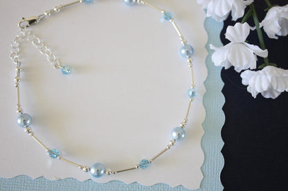 Something Blue Bride Gift Anklet, Sterling Silver and Blue Crystal Pearl and Crystal Wedding (Large 9 1/2" to 11")
