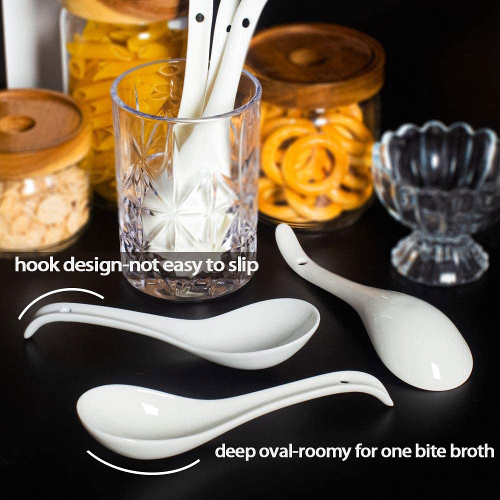 Artena Bright White 6.75 inch Asian Soup Spoons Set of 6, Ultra-fine Porcelain Tablespoon, Chinese/Japanese Kitchen Soup Spoons for Cereal, Ramen Pho - Deep Oval Hook Design