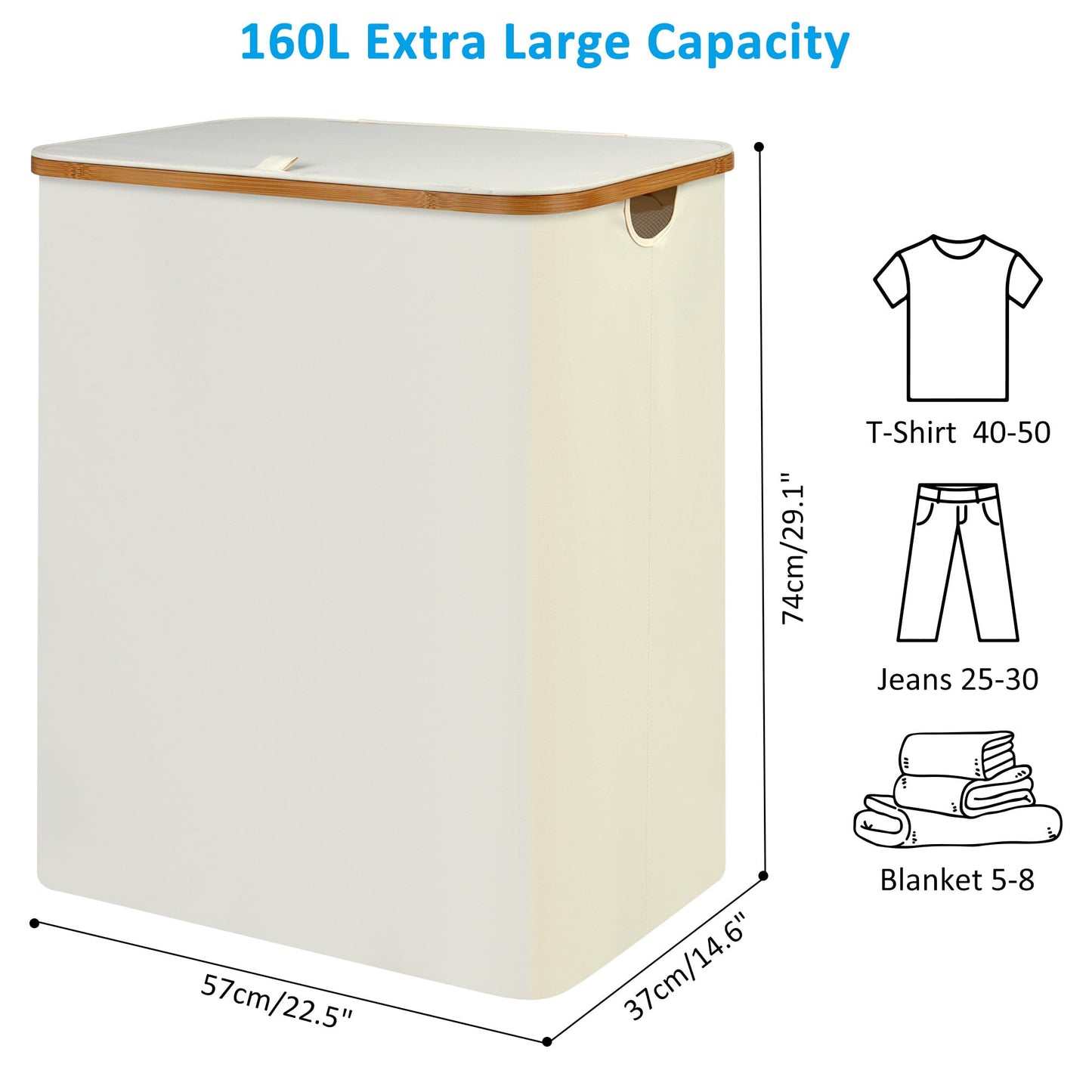 efluky Laundry Hamper with Lid, 160L Tall Laundry Basket with Bamboo Handles for Clothes and Toys, Collapsible Laundry Hamper with 2 Inner Bags for Bedroom and Bathroom, Beige