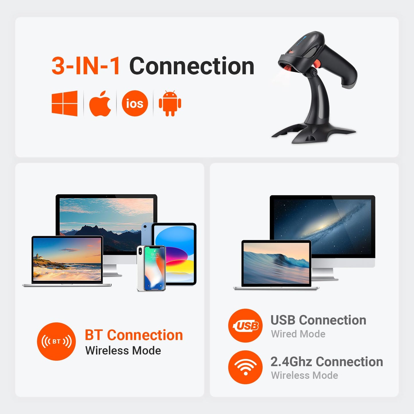 Tera Barcode Scanner Wireless 1D 2D QR with Stand: Battery Level Indicator 3 in 1 Works with Bluetooth 2.4G Wireless USB Wired Handheld Bar Code Reader with Vibration Alert HW0002 Grey