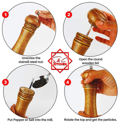 Wooden Pepper Mill or Salt Mill with a cleaning brush - 8 inch tall - Best Pepper or Salt Grinder Wood with a Adjustable Ceramic Rotor and easily refillable - Oak Wood Pepper Grinder for your kitchen