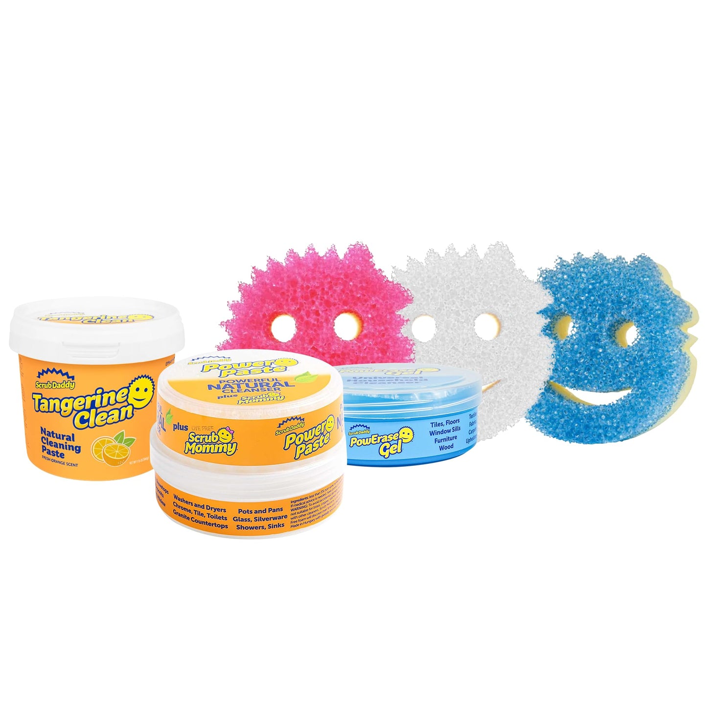 Scrub Daddy Sponges + Household Cleaning Supplies Bundle - PowerPaste Cleaning Putty, Tangerine Clean, PowErase Gel All Purpose Cleaner & Scrub Mommy (3 Pastes & 3 Sponges)