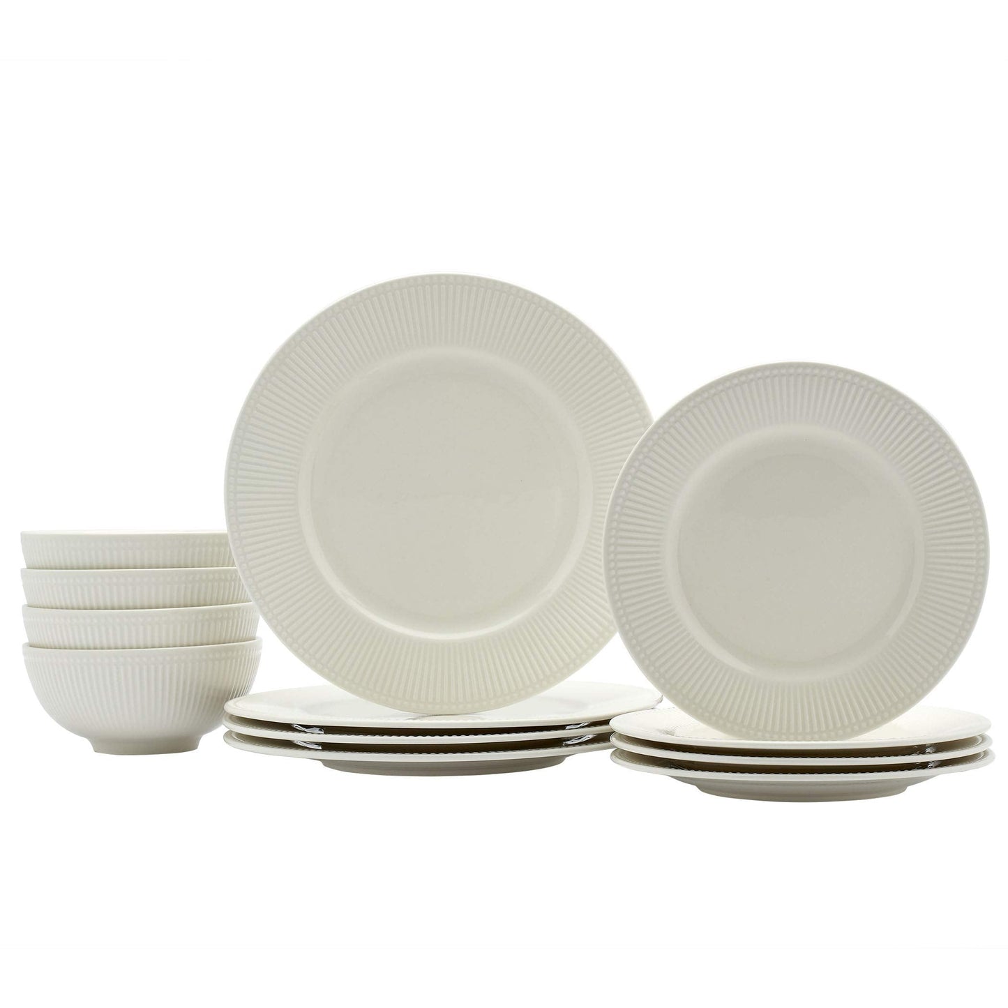 Tabletops Gallery Embossed Bone White Porcelain Round Dinnerware Collection- Chip Resistant Scratch Resistant, Fleur 12 Piece Dinnerware Set (Dinner Plate, Salad Plate, Cereal Bowl)