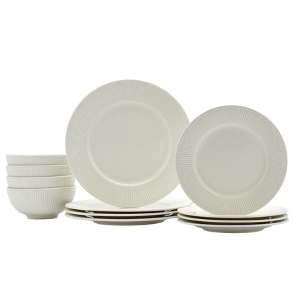 Tabletops Gallery Embossed Bone White Porcelain Round Dinnerware Collection- Chip Resistant Scratch Resistant, Fleur 12 Piece Dinnerware Set (Dinner Plate, Salad Plate, Cereal Bowl)