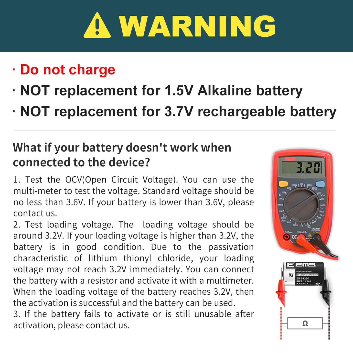 EEMB ER14250 Battery 1/2AA 3.6V Lithium Battery Li-SOCL₂ (4-Pack) Non-Rechargeable XL-050F SB-AA02 LS14250 for Dog Collar Meter Sensor Movement Monitor/Home Security System/Alarm System