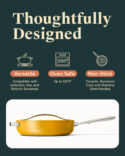 Caraway Nonstick Ceramic Sauté Pan with Lid (4.5 qt, 11.8") - Non Toxic, PTFE & PFOA Free - Oven Safe & Compatible with All Stovetops (Gas, Electric & Induction) - Marigold