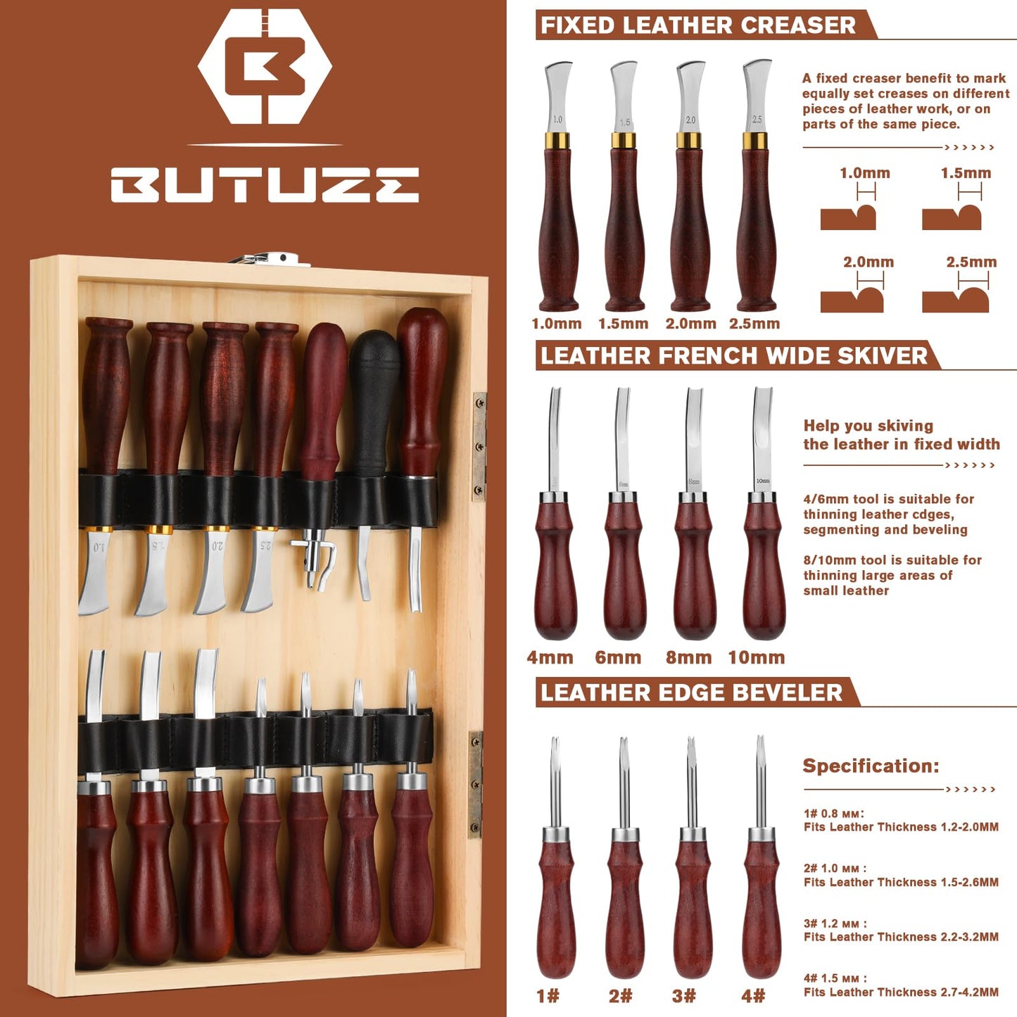 BUTUZE Leather Working Kit, Boxed Leather Tooling Kit, Leather Crafting Tool Kit, Cutting, Punching, Carving, Heavy Duty Leather Sewing Kit Professional Leather Working Tools and Supplies