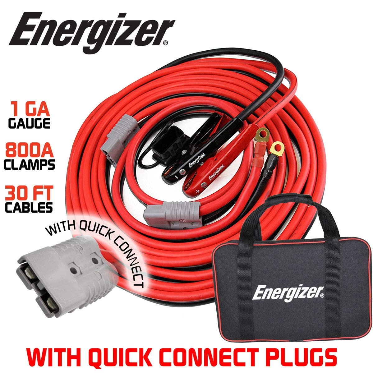 Energizer Jumper Cables, 30 feet, 1 Gauge, 800A, Booster Battery Cables with Permanent Installation kit and Quick Connect Plug for SUV & Trucks with up to 8-Liter Gasoline and 6-Liter Diesel Engines