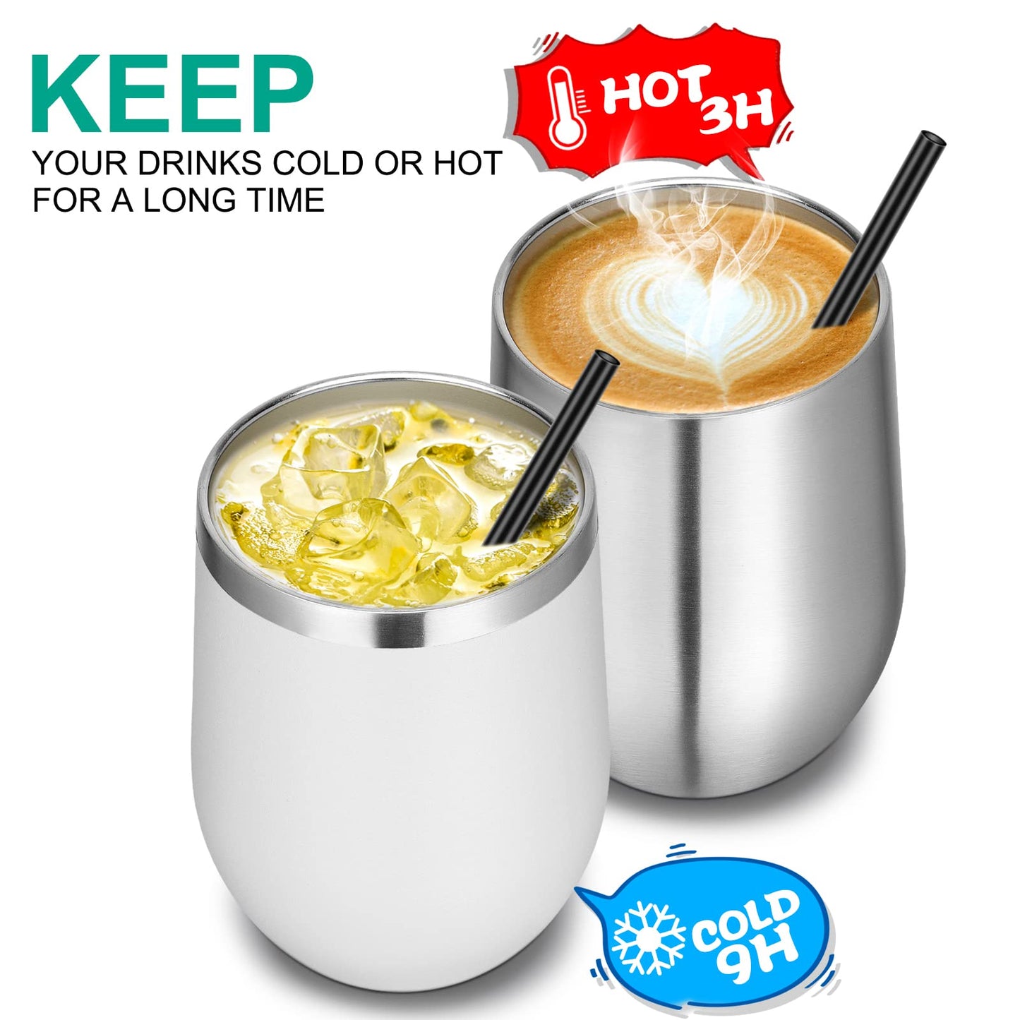 VEGOND Wine Tumblers Bulk 12 Pack, 12oz Stainless Steel Stemless Wine Glass with Lids and Straws, Double Wall Vacuum Insulated Tumbler Cup, Coffee Mug for Cold Hot Drinks