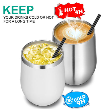 VEGOND Wine Tumblers Bulk 12 Pack, 12oz Stainless Steel Stemless Wine Glass with Lids and Straws, Double Wall Vacuum Insulated Tumbler Cup, Coffee Mug for Cold Hot Drinks