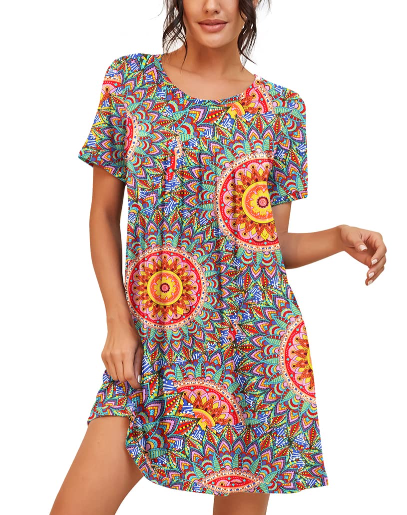 PrinStory Womens Sleepwear Short Sleeve Nightgown Soft Sleepshirt Pleated Nightshirt Scoopneck Casual Loungewear FP-Peacock Blue-Medium